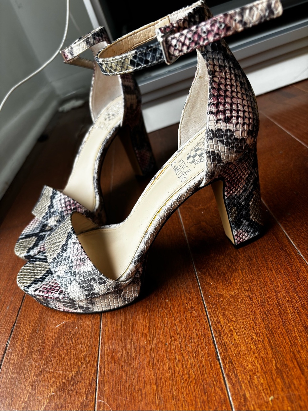 Vince Camuto Snake-Print Ankle Strap Block Heels in Blush and Taupe